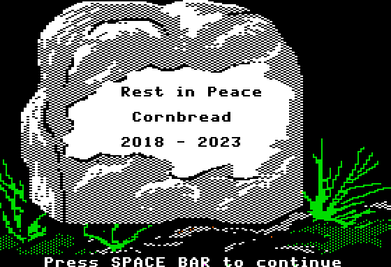 pixel headstone from oregon trail video game reading, rest in peace cornbread 2018 - 2023